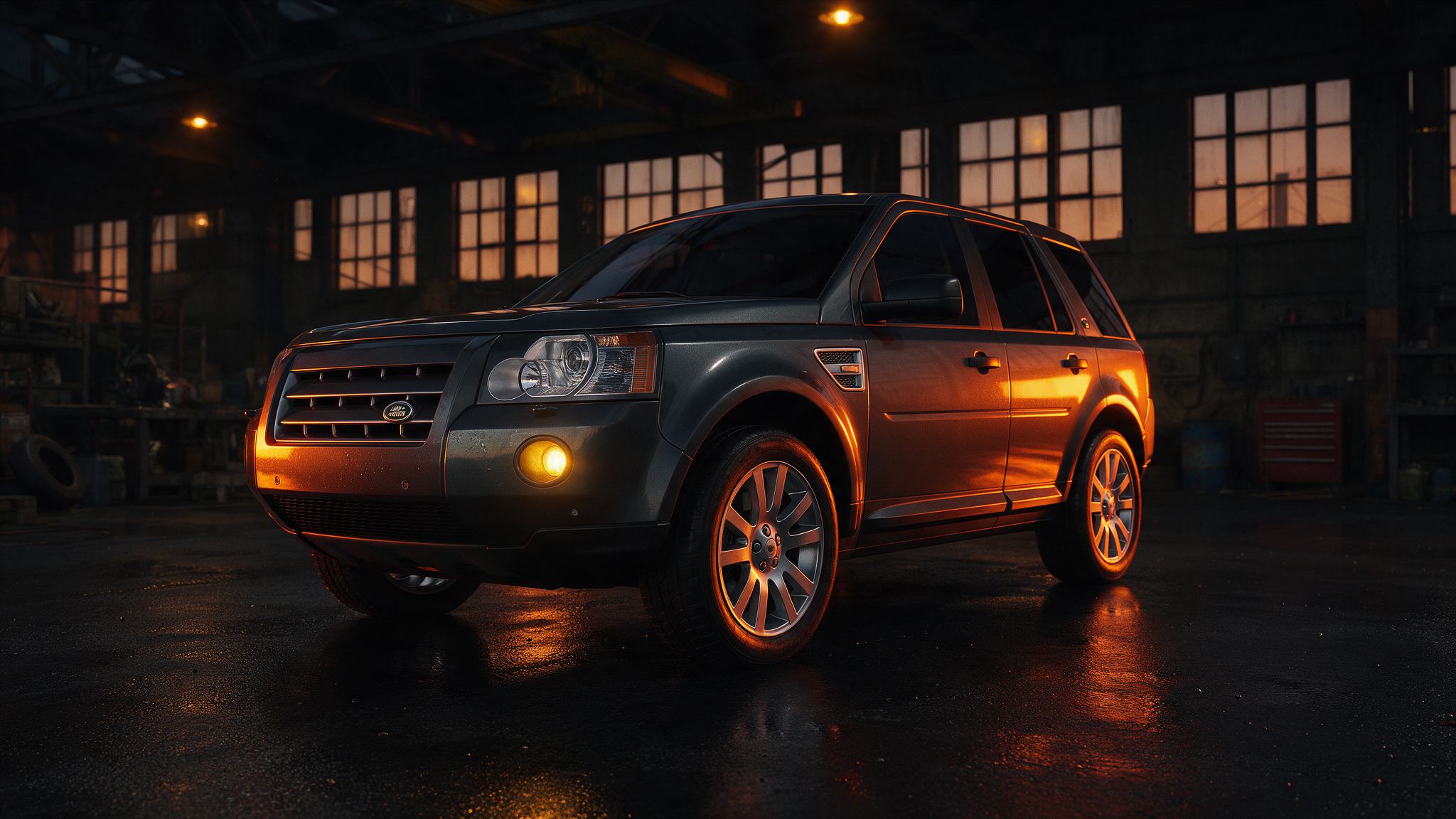Land Rover Freelander 2 in een donkere werkplaats bij schemering