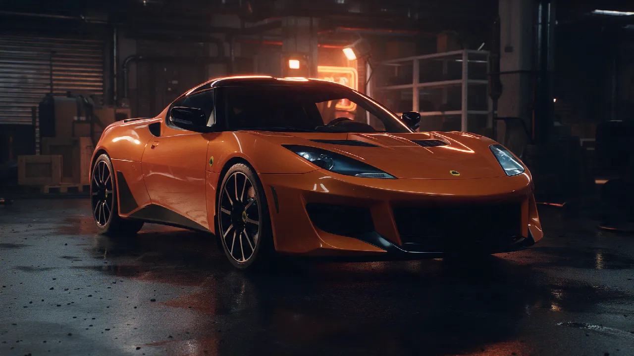 Lotus Evora 400 in een donkere werkplaats met oranje licht