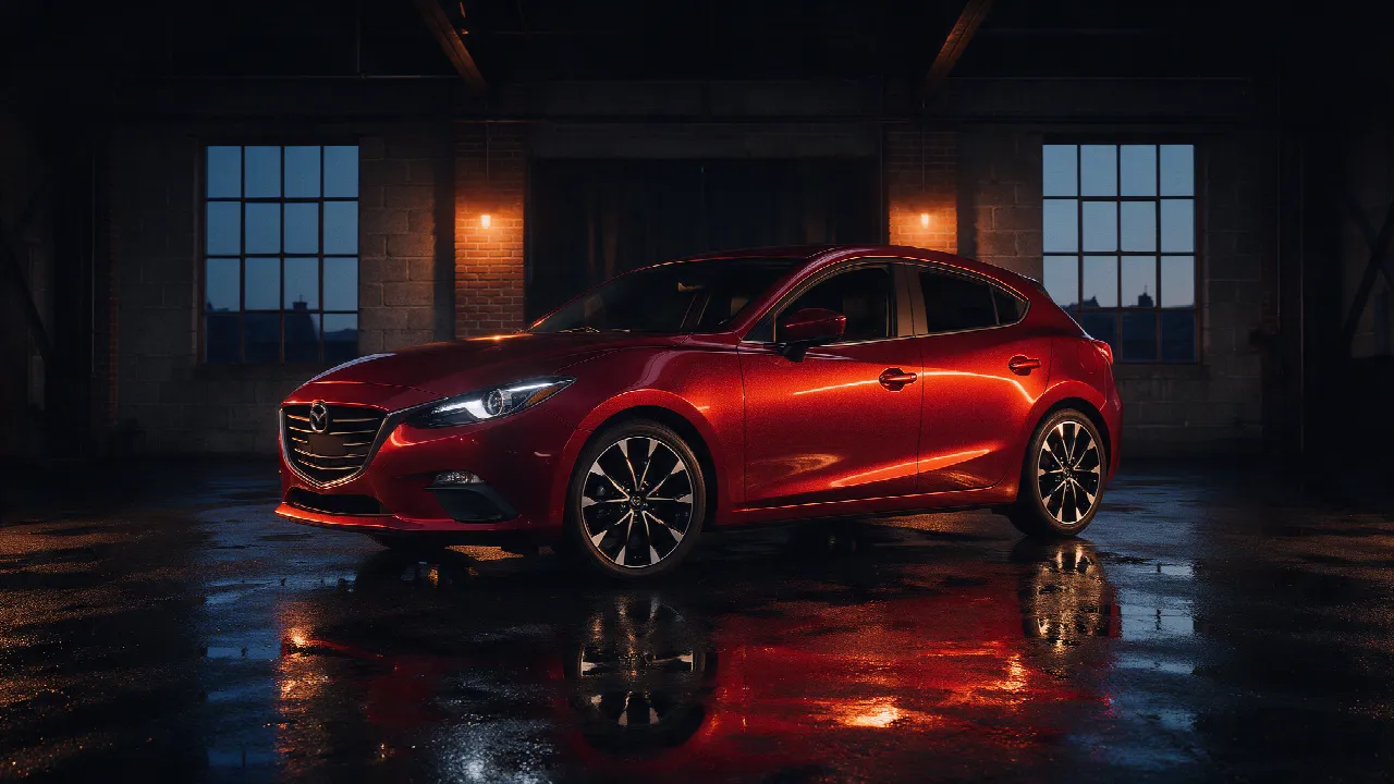 Mazda 3 hatchback in rood in een donkere werkplaats