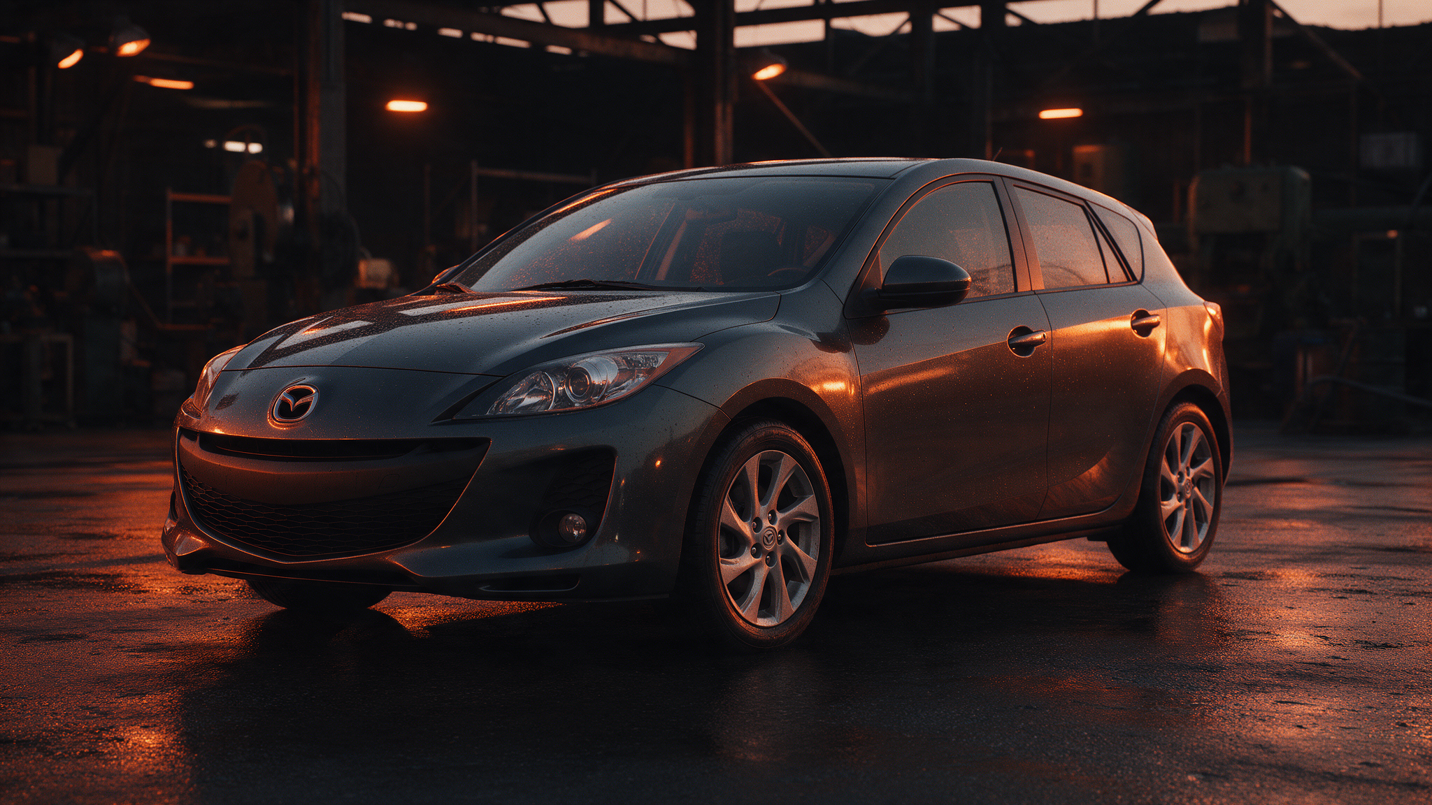 Mazda 3 hatchback in een donkere werkplaats bij schemering