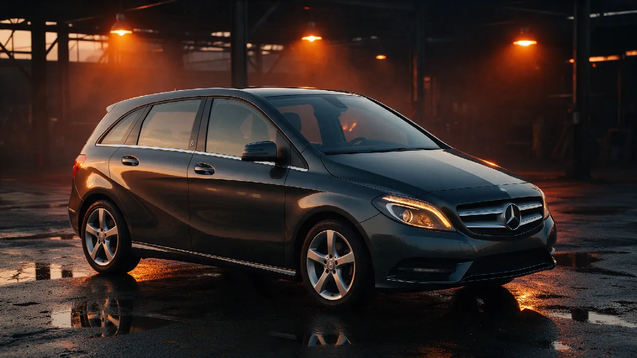 Mercedes-Benz B-Klasse in een donkere werkplaats bij schemering met oranje licht