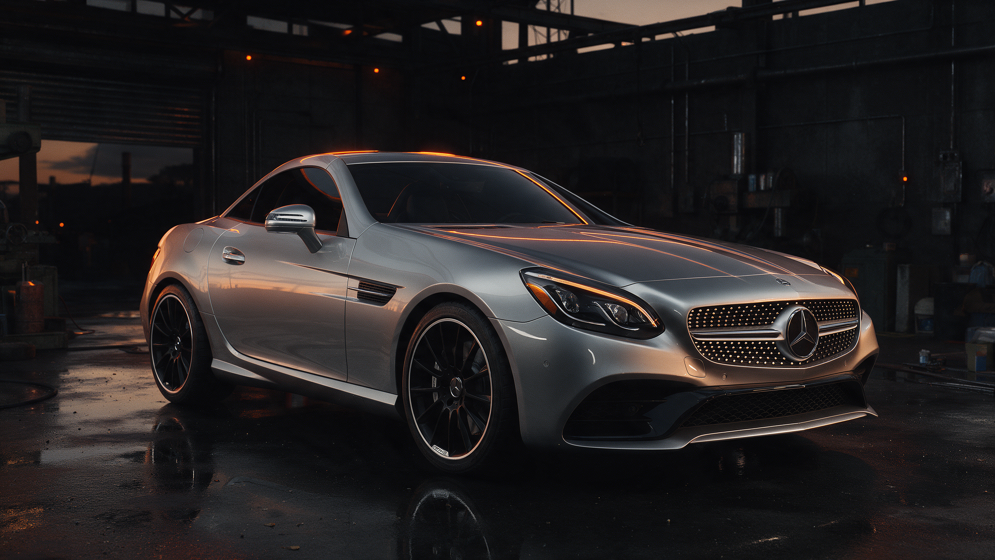 Mercedes SLC 43 AMG roadster in zilver in een donkere werkplaats bij schemering met oranje randverlichting