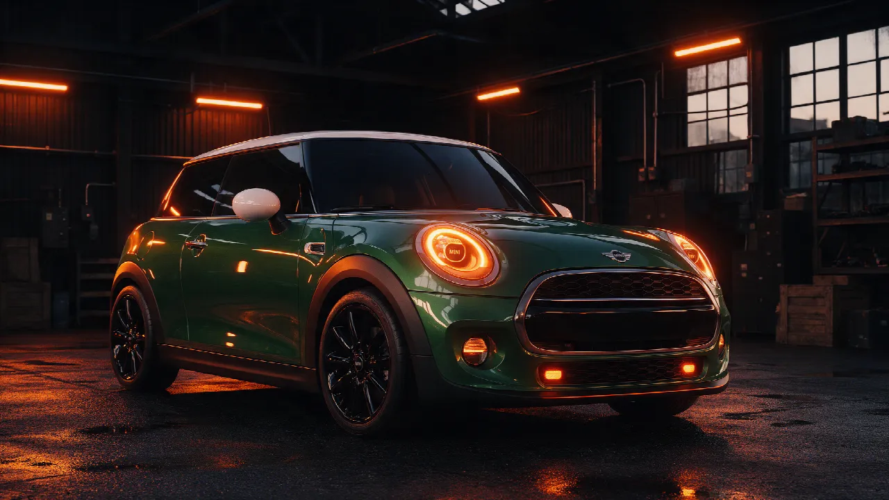 Mini One F56 hatchback in groen met wit dak in een donkere werkplaats