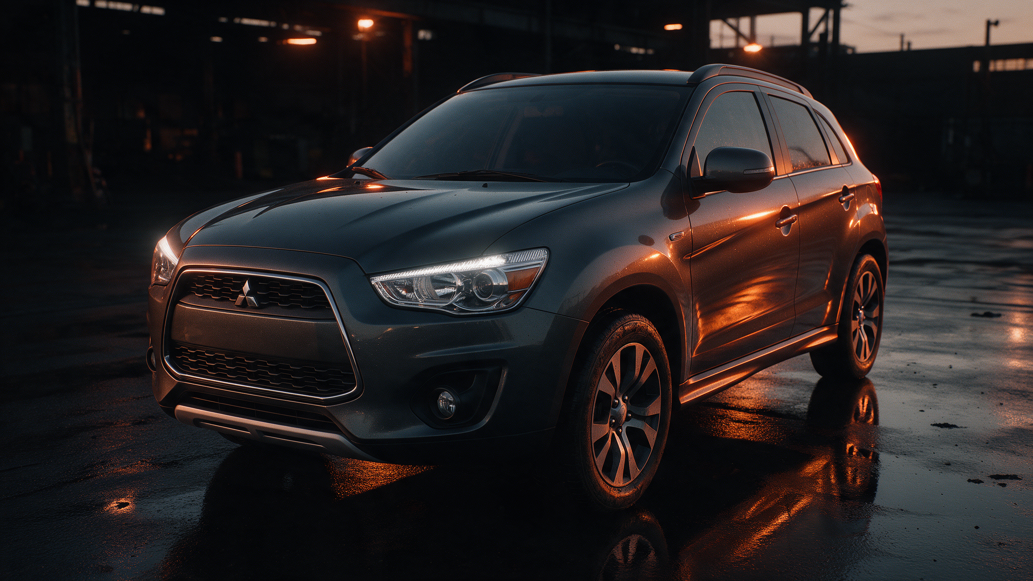 Mitsubishi ASX SUV in een donkere werkplaats bij schemering