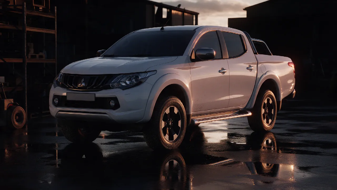 Mitsubishi L200 in een donkere werkplaats bij schemering