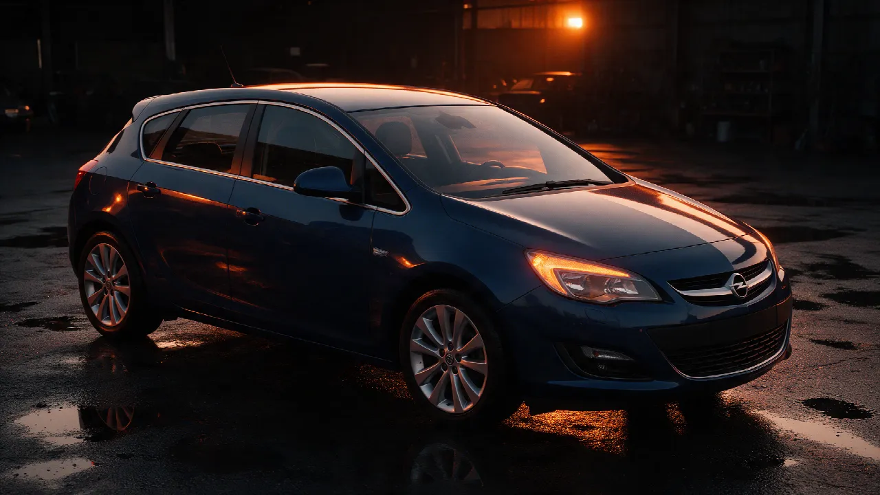 Opel Astra J hatchback in donkerblauw in een donkere werkplaats