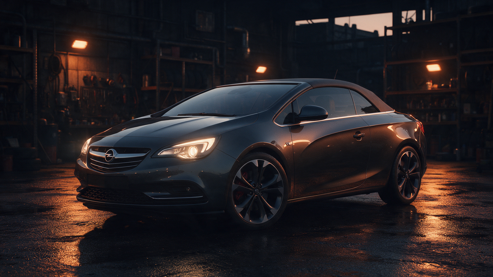 Opel Cascada cabrio in een donkere werkplaats bij schemering