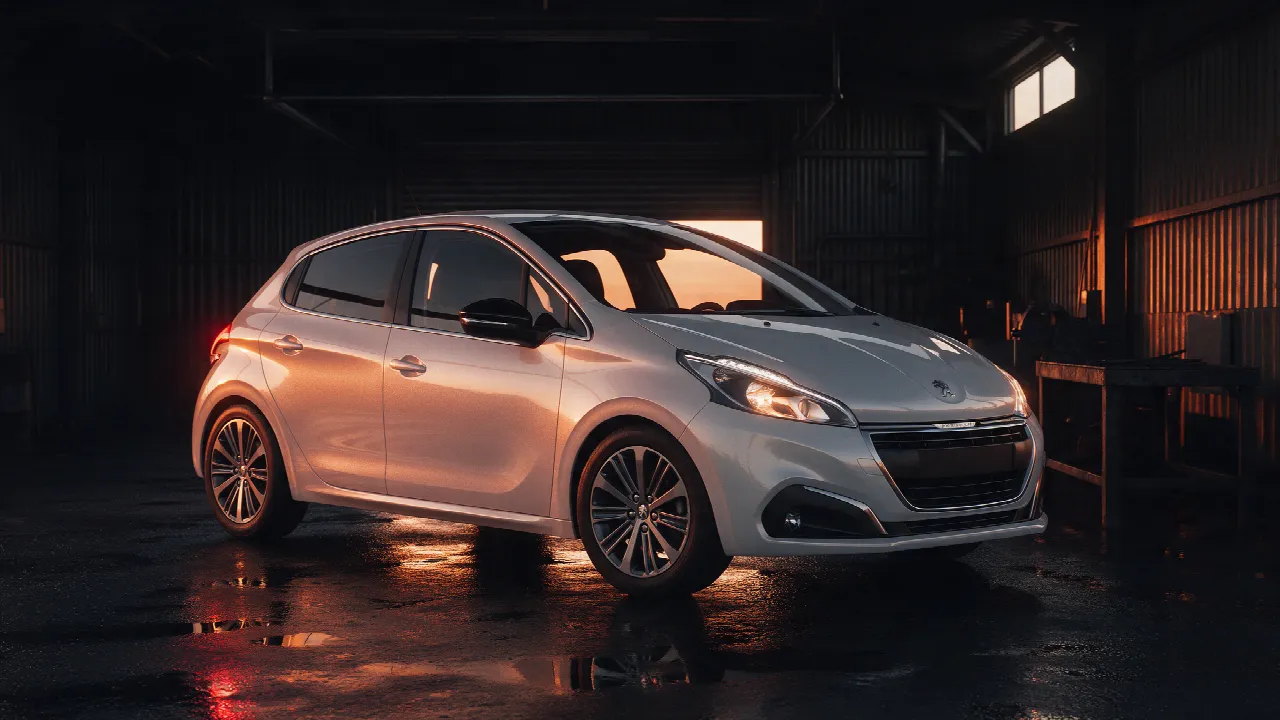 Peugeot 208 hatchback in wit in een donkere werkplaats
