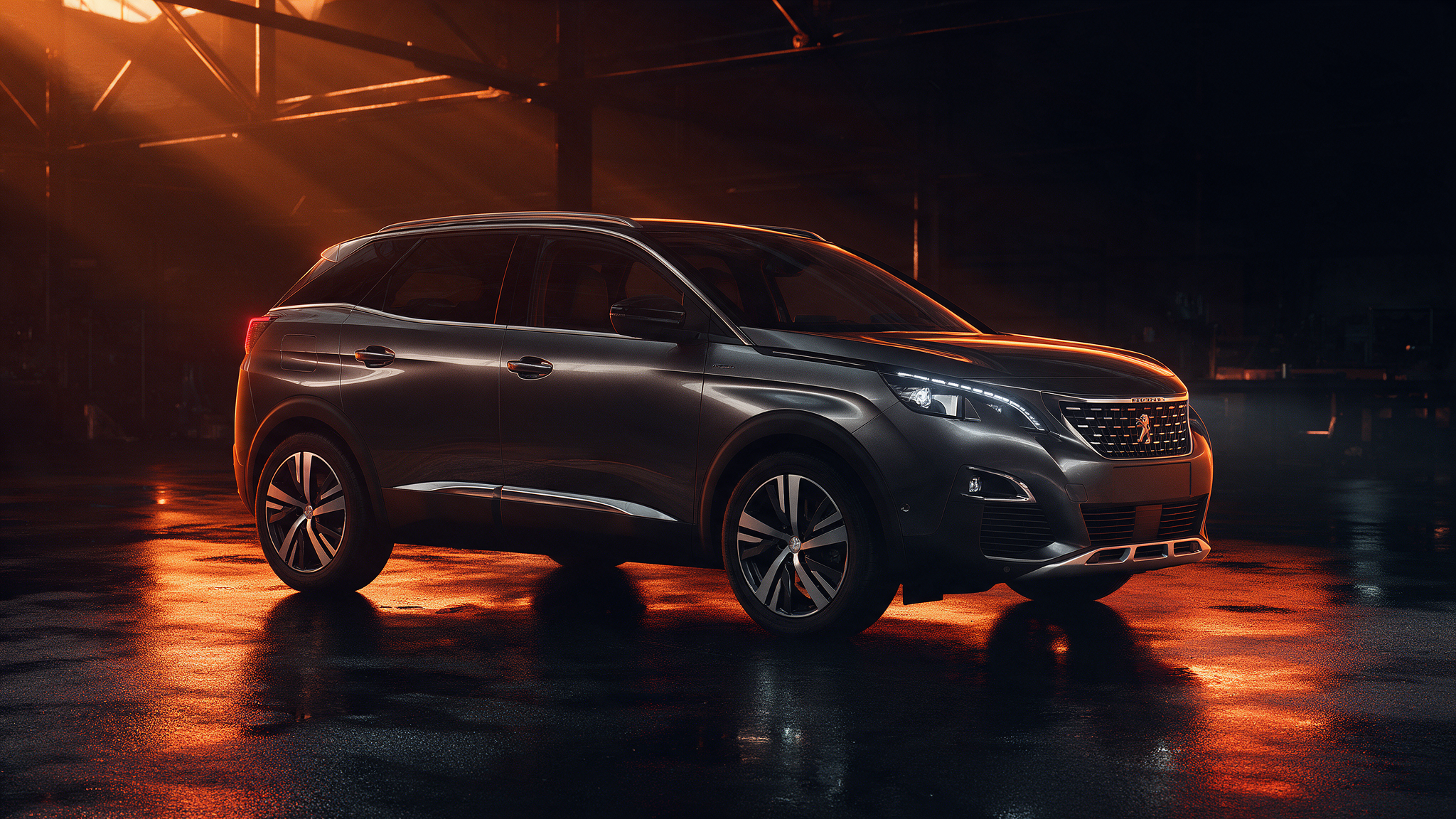 Peugeot 3008 SUV in een donkere werkplaats bij schemering