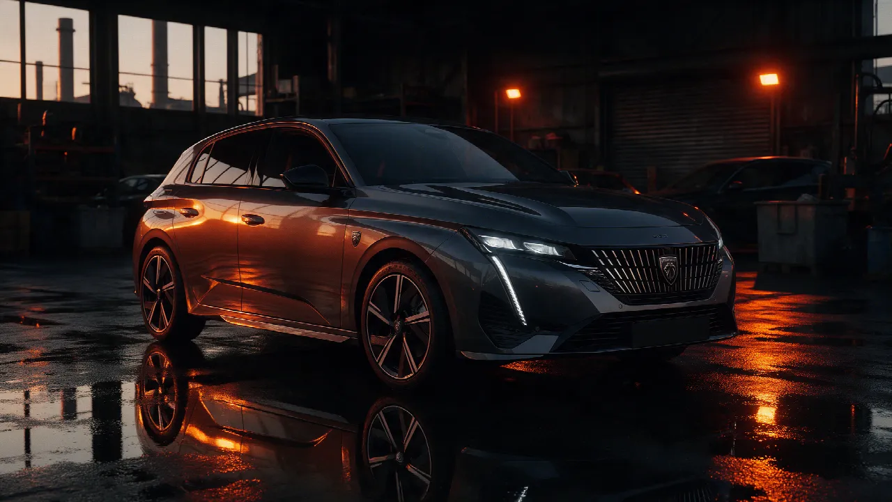 Peugeot 308 hatchback in een donkere werkplaats bij schemering met oranje licht
