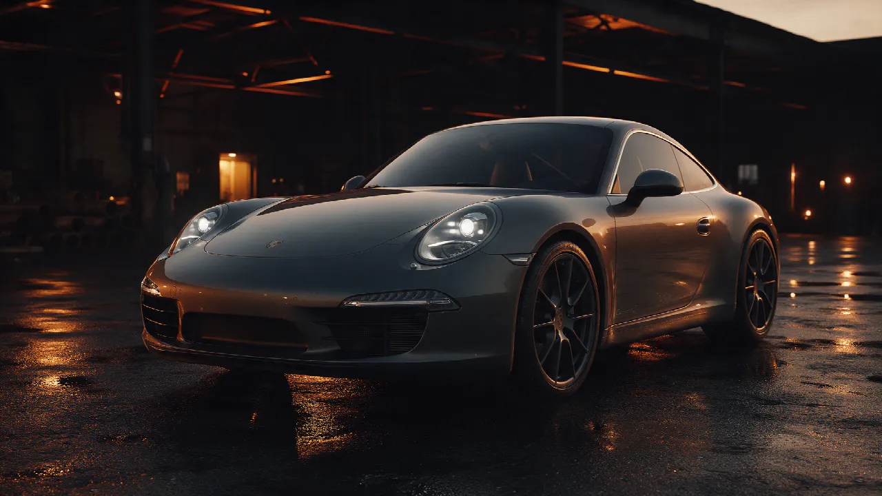Porsche 911 Carrera S 991 in grijs in een donkere werkplaats