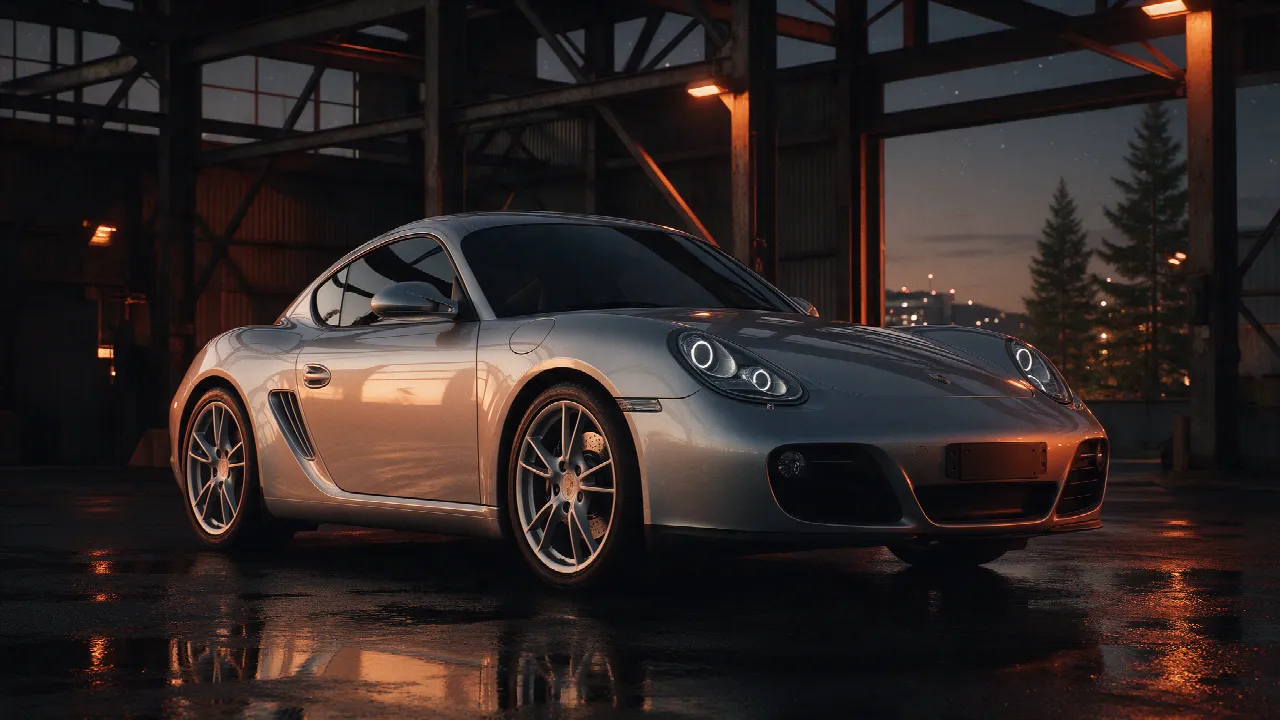 Porsche Cayman coupé in een donkere werkplaats bij schemering met oranje licht
