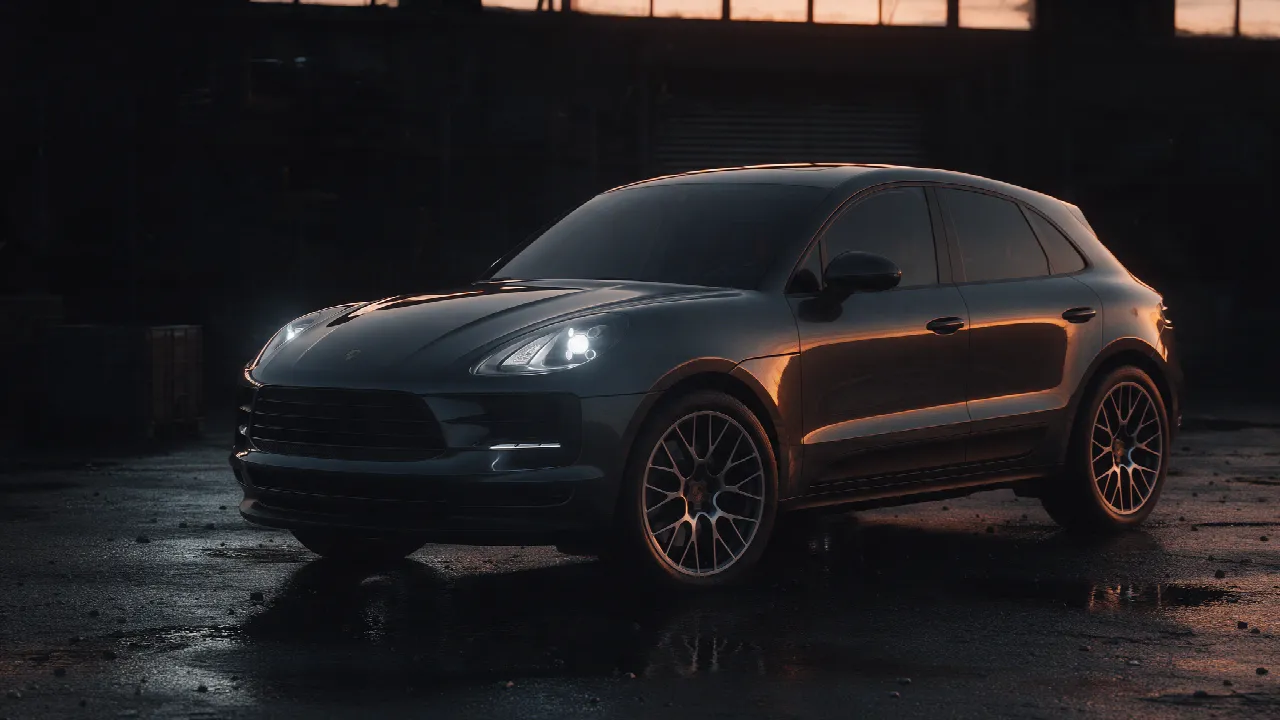 Porsche Macan 2.0 TFSI in een donkere werkplaats bij schemering met oranje randverlichting