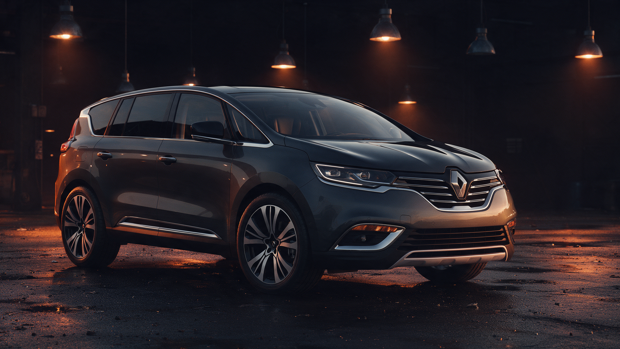 Renault Espace in een donkere werkplaats bij schemering