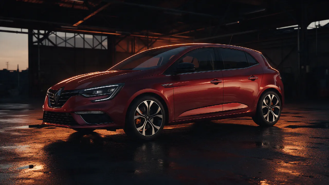Rode Renault Megane 4 in donkere werkplaats