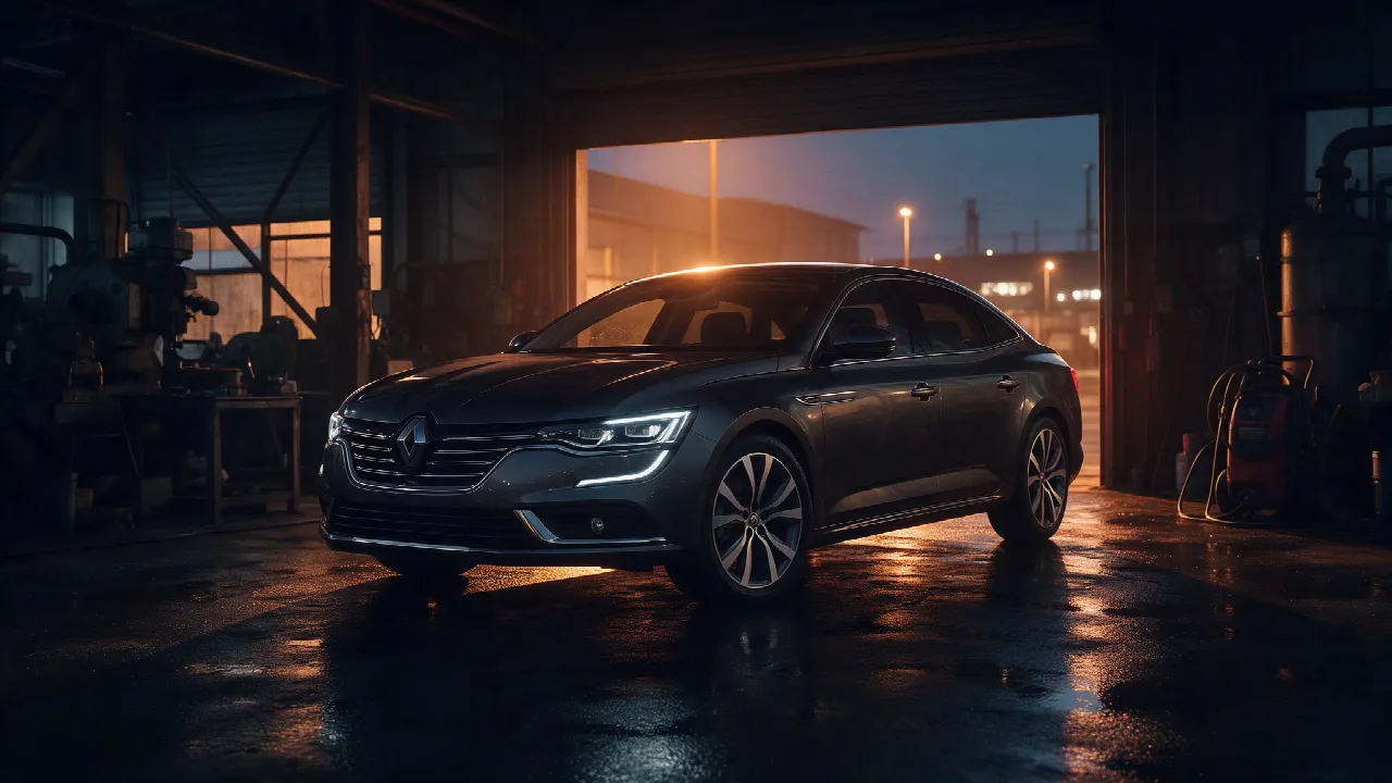 Renault Talisman in een donkere werkplaats bij schemering met oranje licht