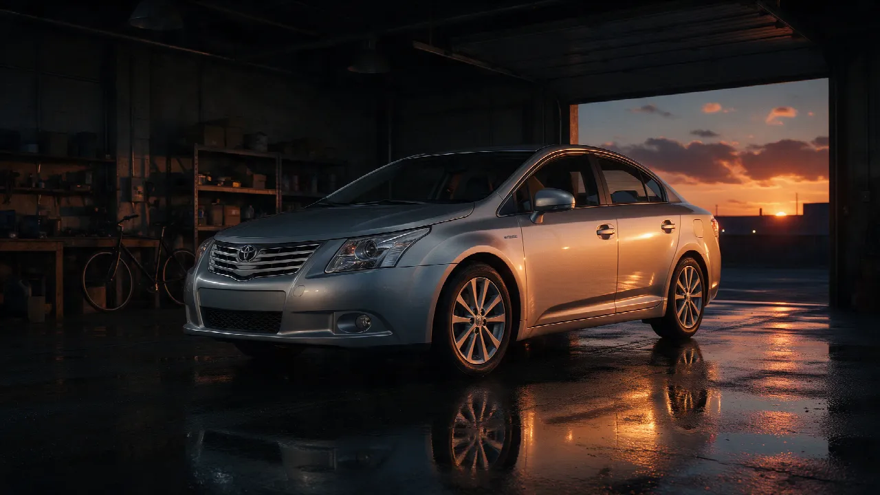 Zilveren Toyota Avensis in een donkere werkplaats bij schemering