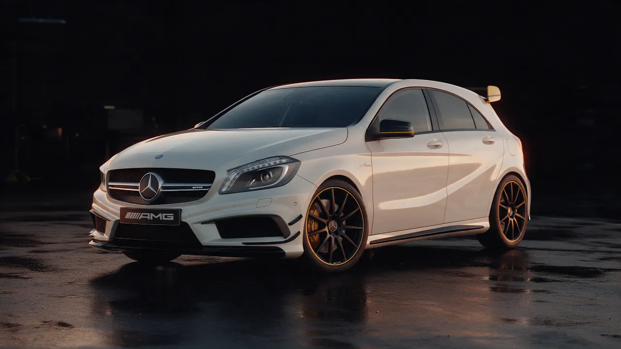 Mercedes-Benz A45 AMG W176 in wit met gele accenten, 3/4 vooraanzicht in donkere werkplaats