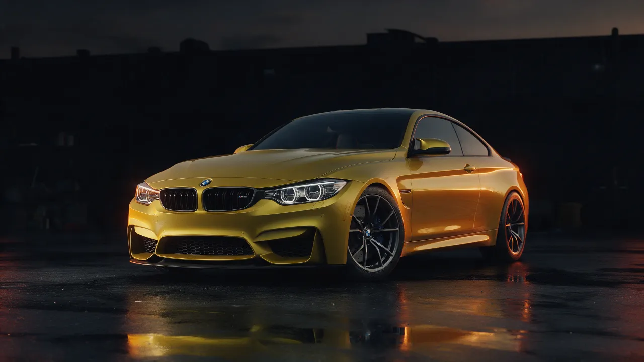 BMW M4 Competition F82 in Austin Yellow, 3/4 vooraanzicht in donkere werkplaats