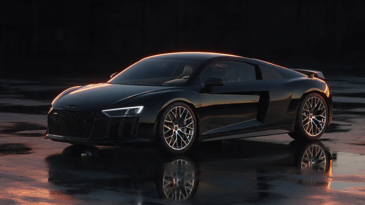 Audi R8 V10 Plus in Mythos Black, 3/4 vooraanzicht in donkere werkplaats