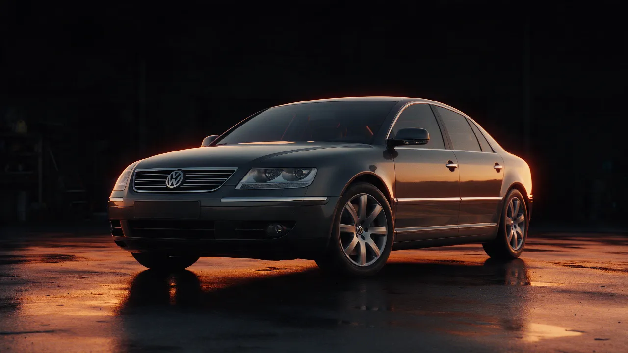 Volkswagen Phaeton sedan in donkergrijs, 3/4 vooraanzicht in donkere werkplaats