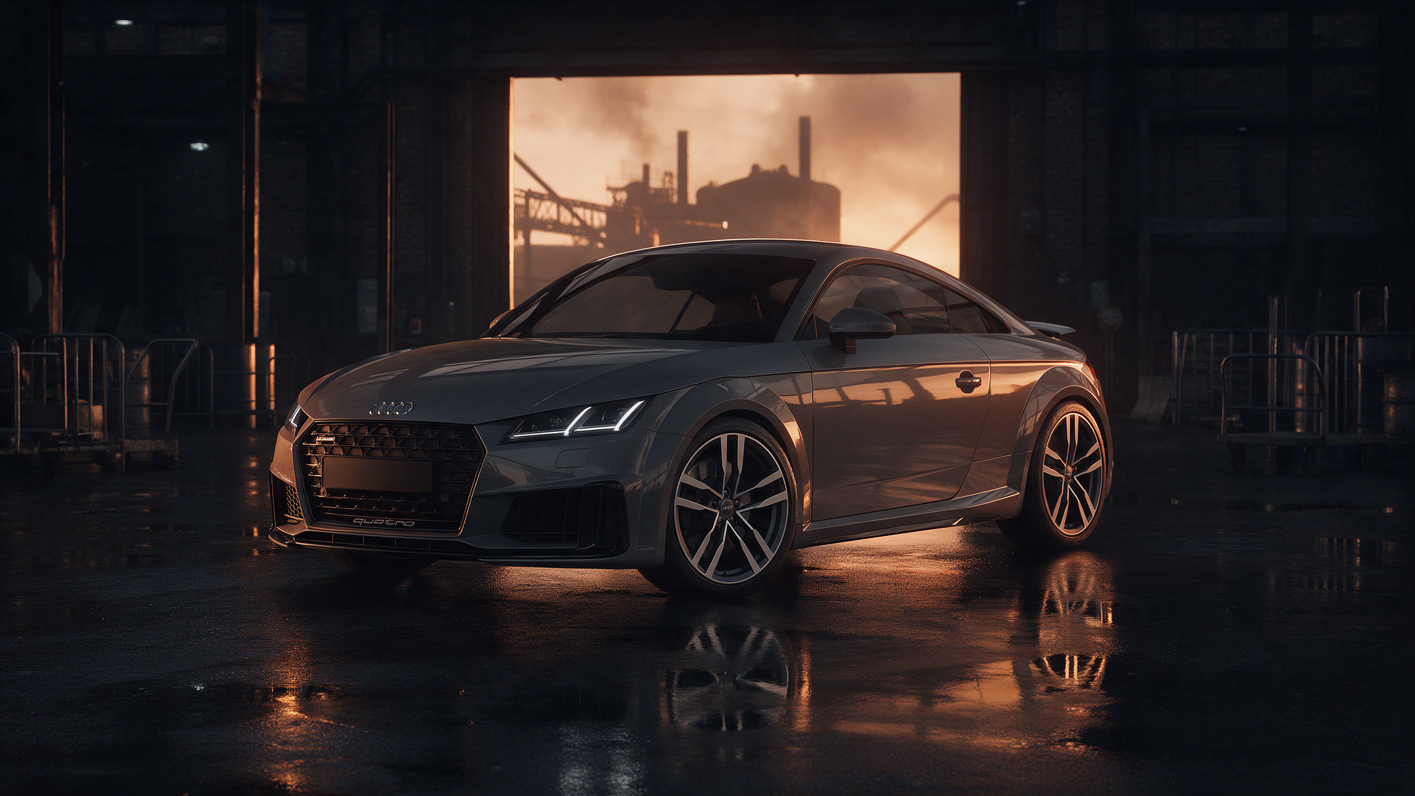 Audi TT 8S coupe in Nano grey in een donkere werkplaats