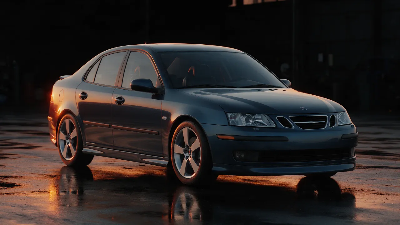 Saab 9-3 Aero in donkerblauw metallic, 3/4 vooraanzicht in donkere werkplaats