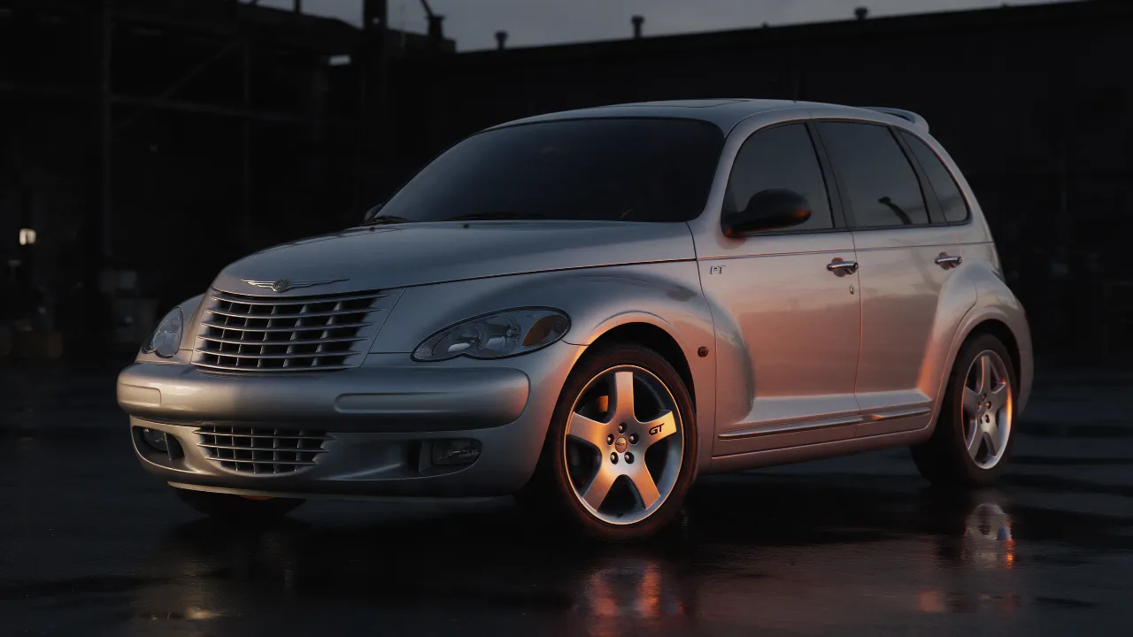Chrysler PT Cruiser GT in zilver, 3/4 vooraanzicht in donkere werkplaats