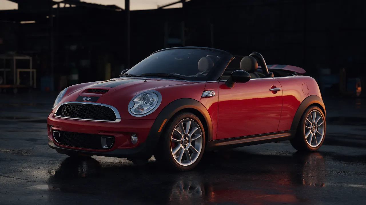 Mini Cooper S Roadster R58 in Chili Red, 3/4 vooraanzicht in donkere werkplaats