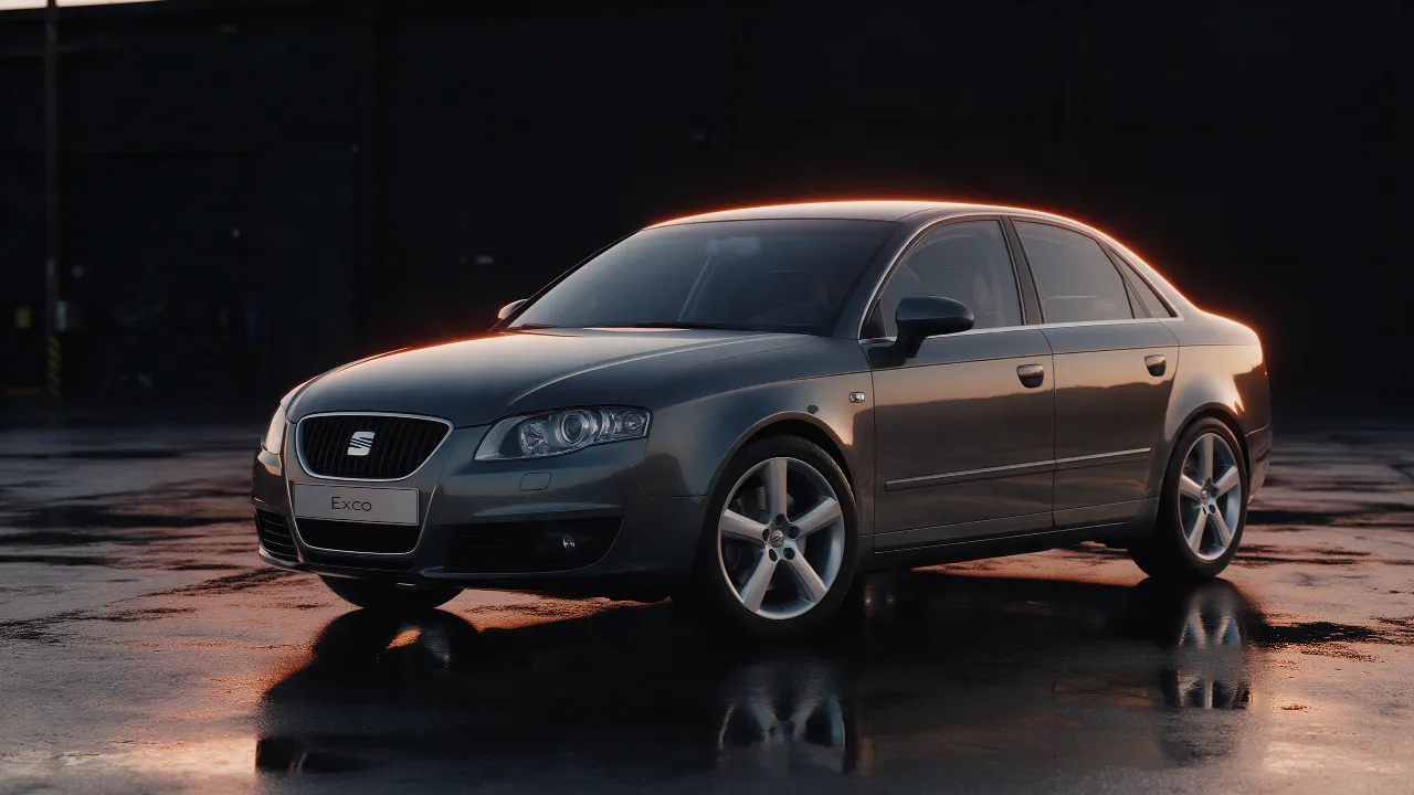 Seat Exeo sedan in donkergrijs, 3/4 vooraanzicht in donkere werkplaats