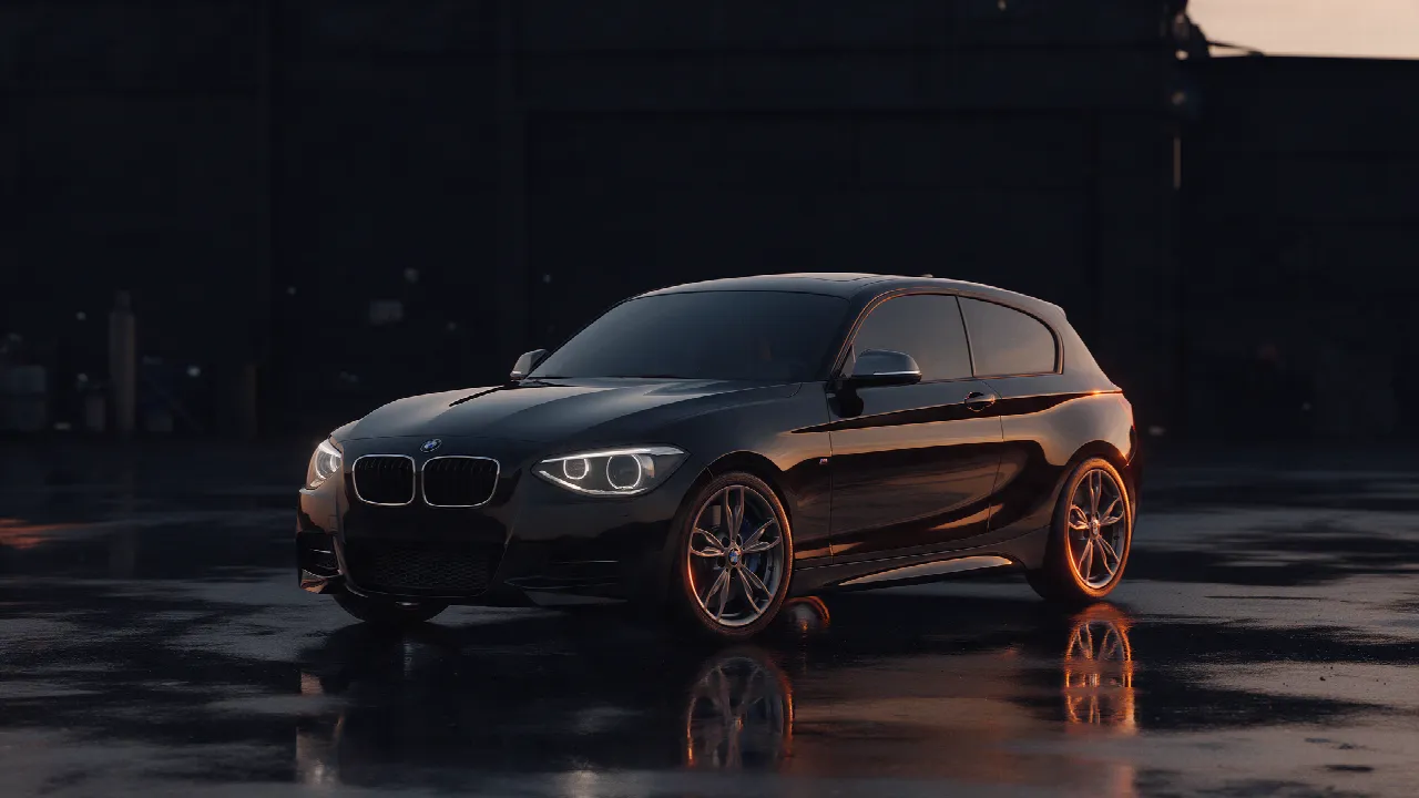 BMW M135i F20 in donkere werkplaats bij schemering