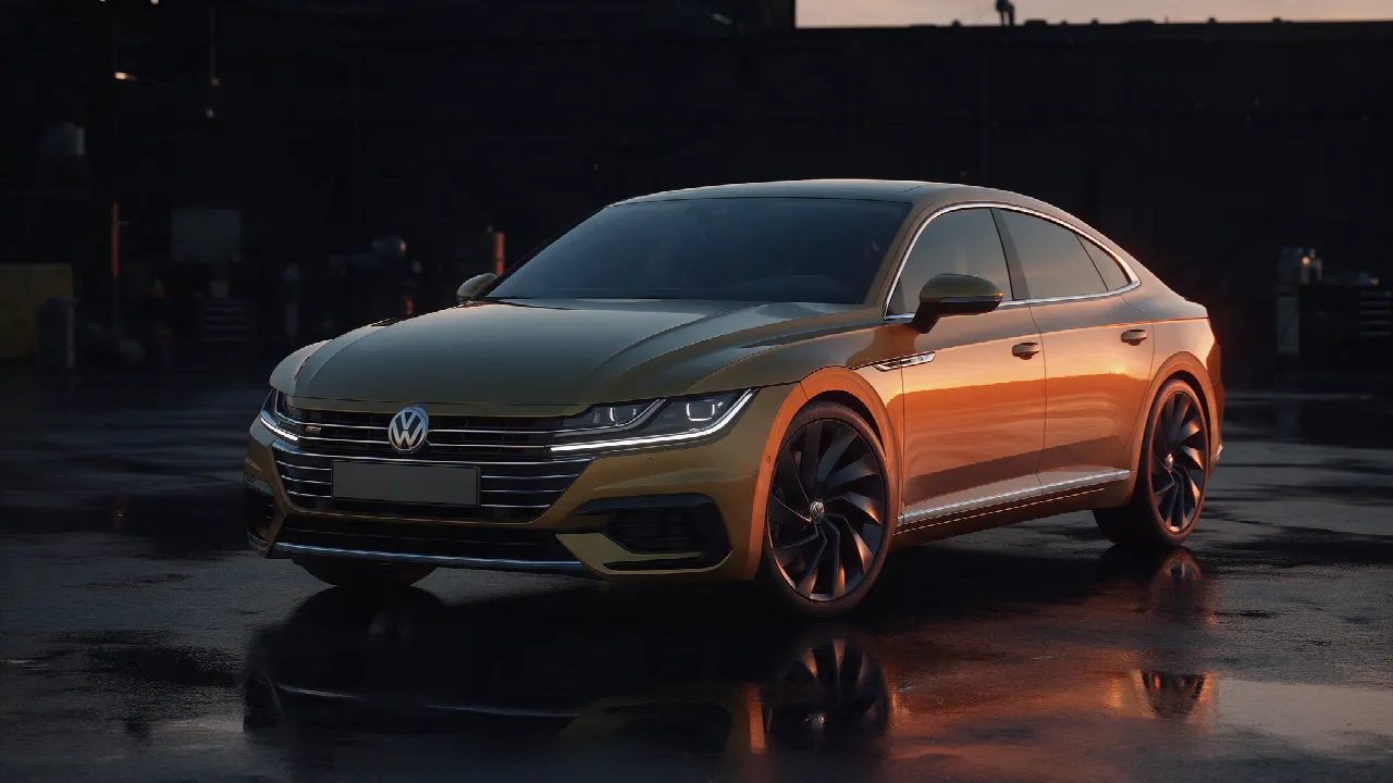 Volkswagen Arteon fastback in donkere werkplaats bij schemering