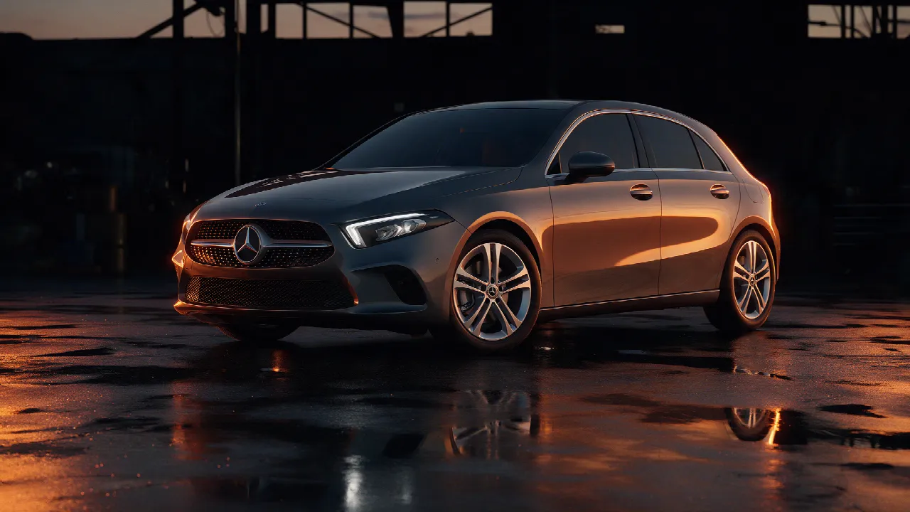 Mercedes-Benz A 220 W177 in donkere werkplaats bij schemering