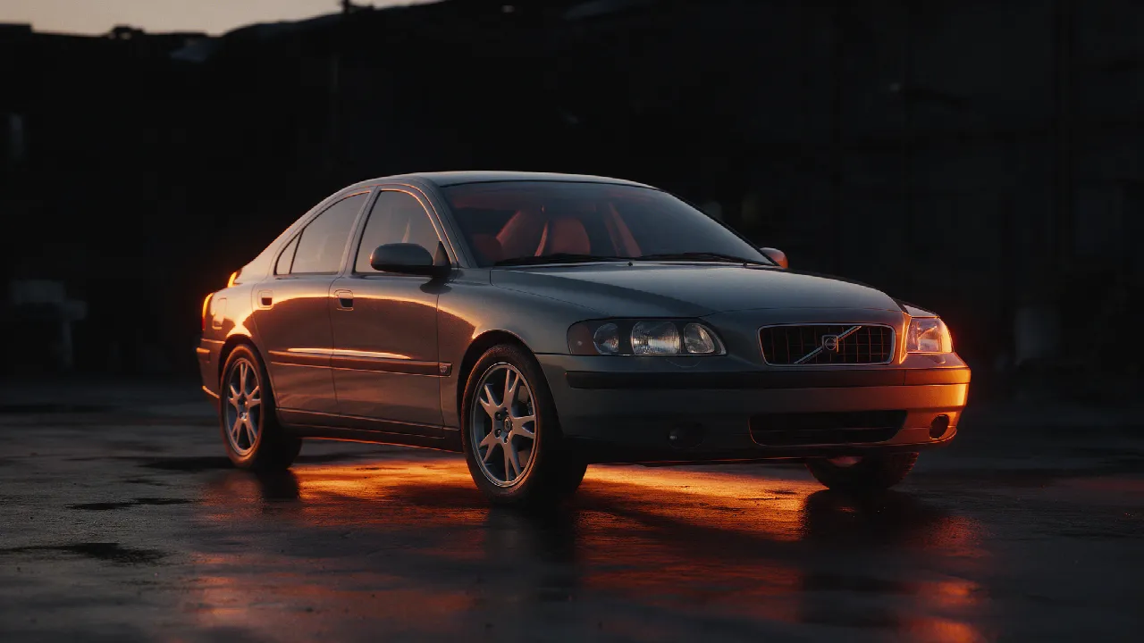 Volvo S60 T5 eerste generatie in donkere werkplaats bij schemering