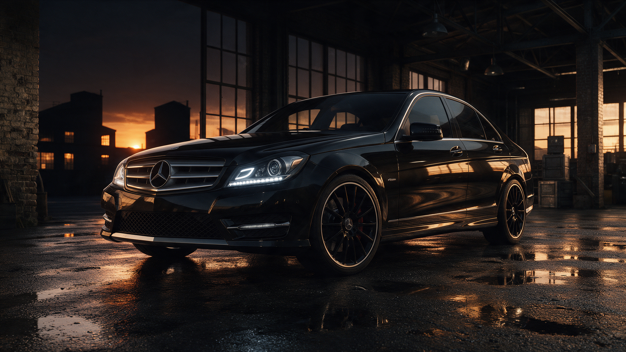 Mercedes-Benz C-Klasse W204 C250 in obsidiaanzwart in een donkere werkplaats