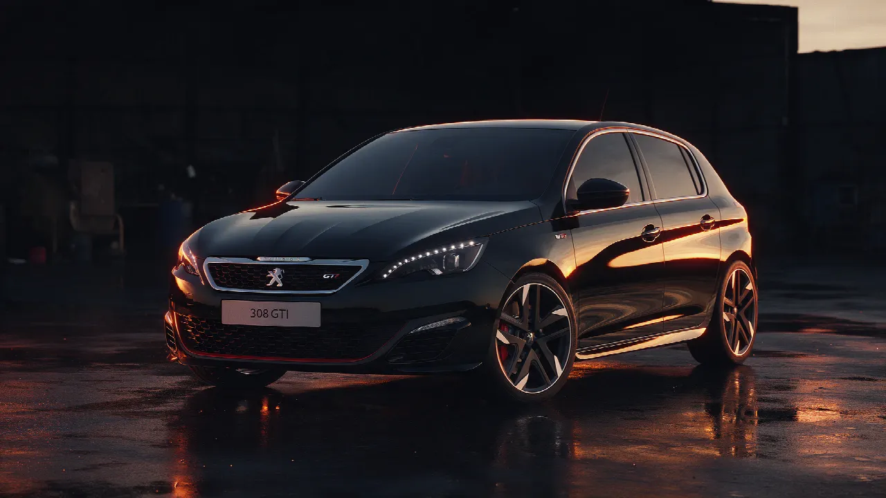 Peugeot 308 GTi 250 chiptuning in donkere werkplaats bij schemering