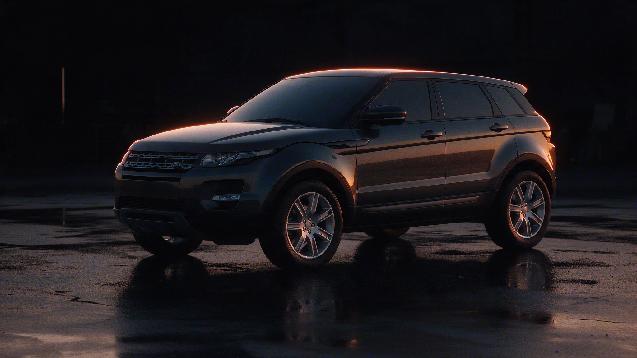 Range Rover Evoque 2.2 TD4 150 chiptuning in donkere werkplaats bij schemering