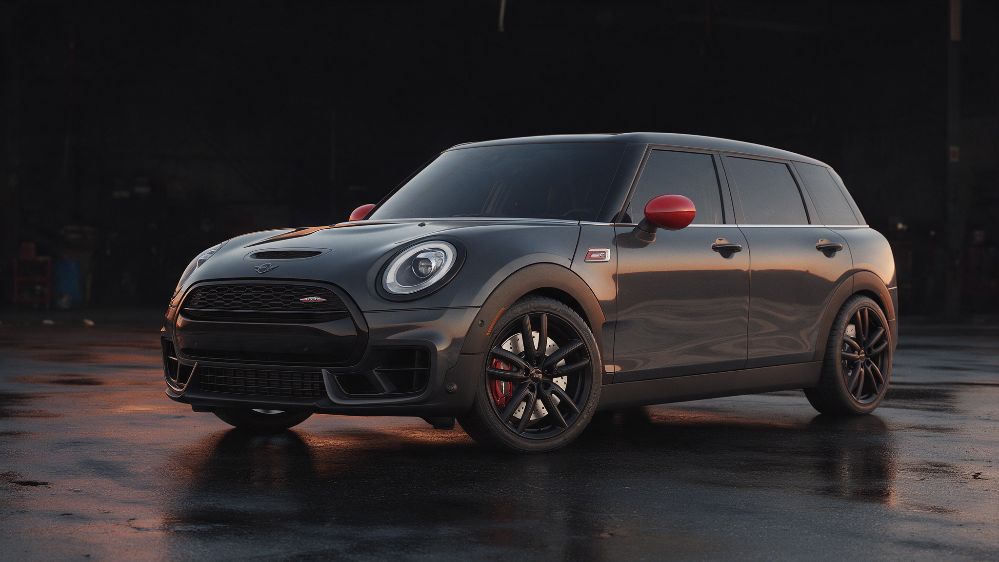 Mini Clubman Cooper S F54 chiptuning in donkere werkplaats bij schemering