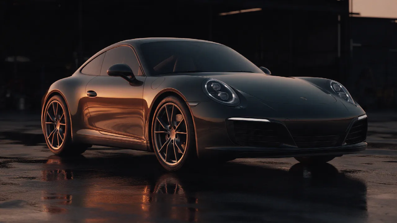 Porsche 911 Carrera 991.2 chiptuning in donkere werkplaats bij schemering