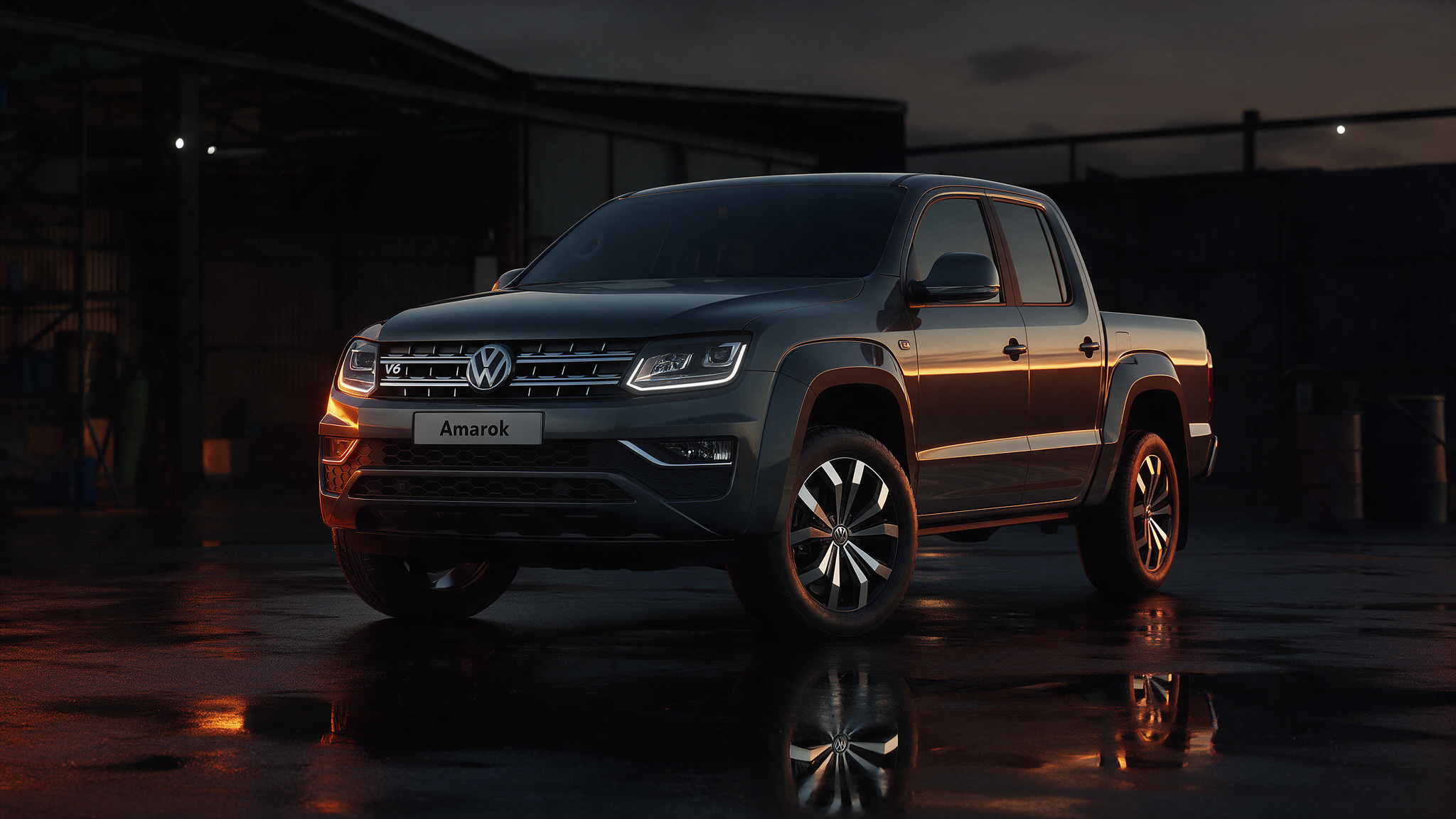 Volkswagen Amarok V6 TDI pick-up in een donkere werkplaats bij schemering