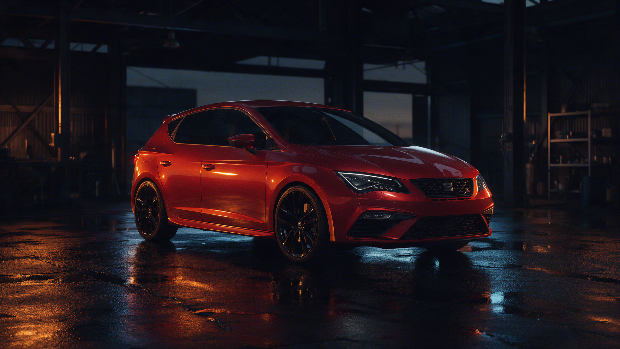 Seat Leon FR 5F hatchback in rood in een donkere werkplaats