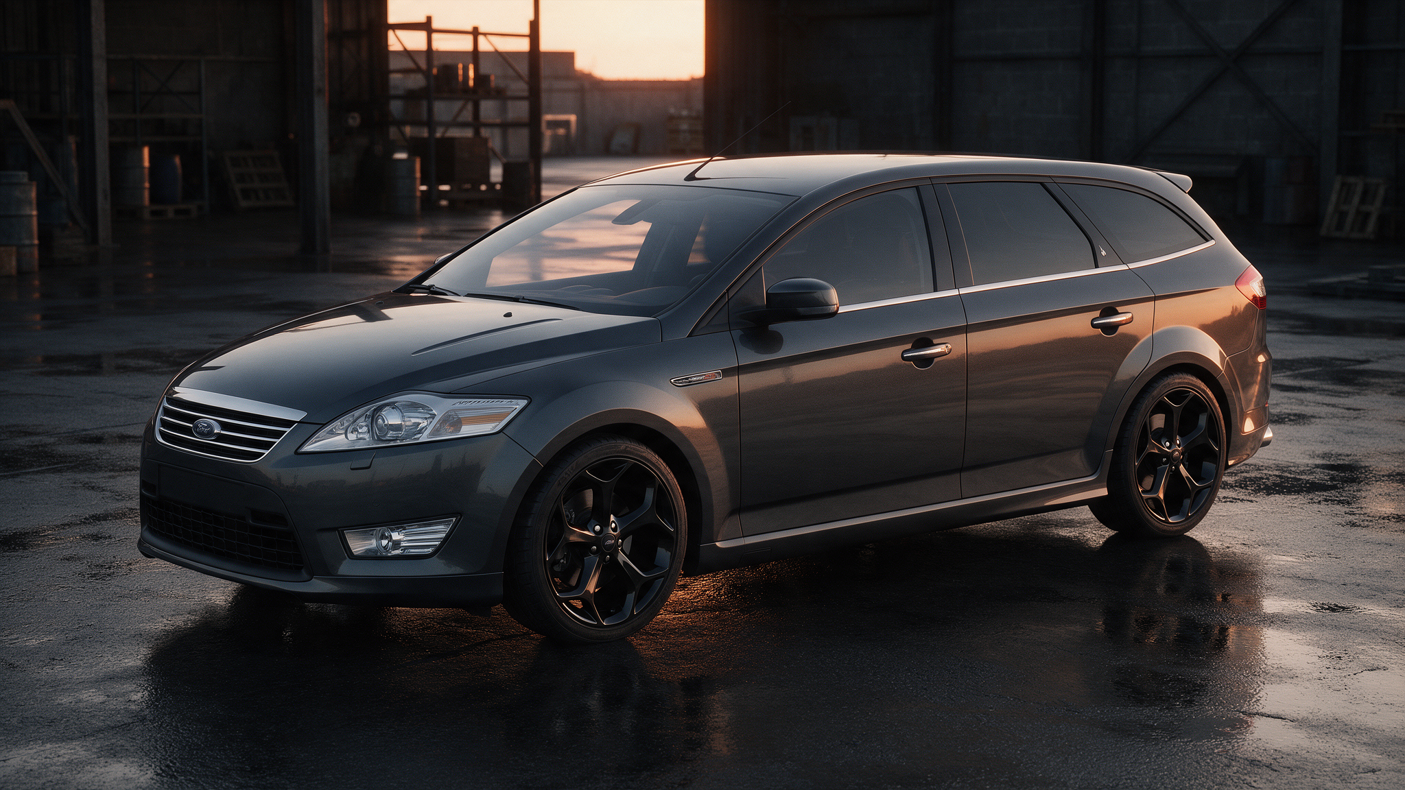 Ford Mondeo Mk4 hatchback in donkergrijs in een donkere werkplaats
