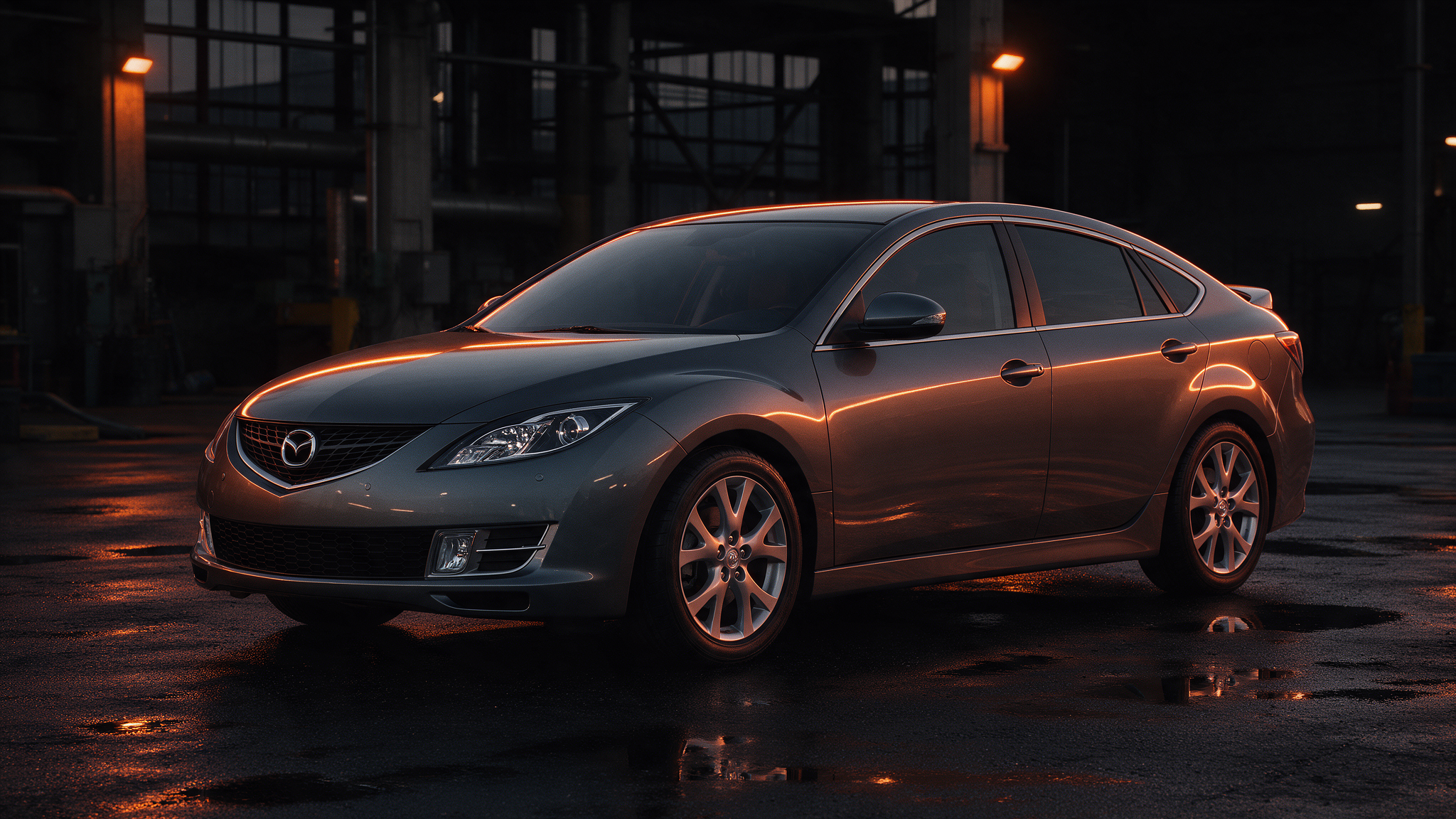 Mazda6 GH hatchback in metallic grijs in een donkere werkplaats
