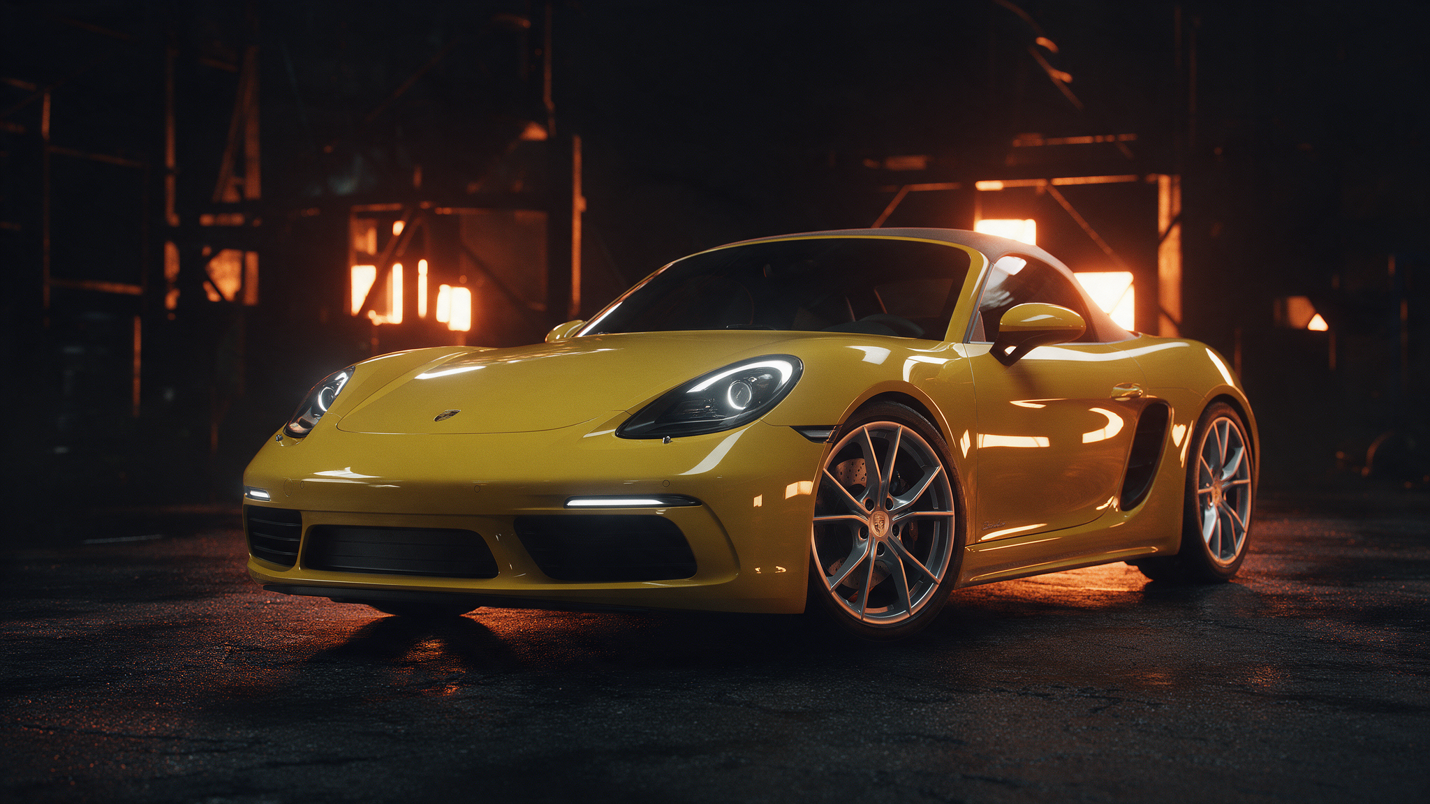 Porsche 718 Boxster in Racing Yellow in een donkere werkplaats