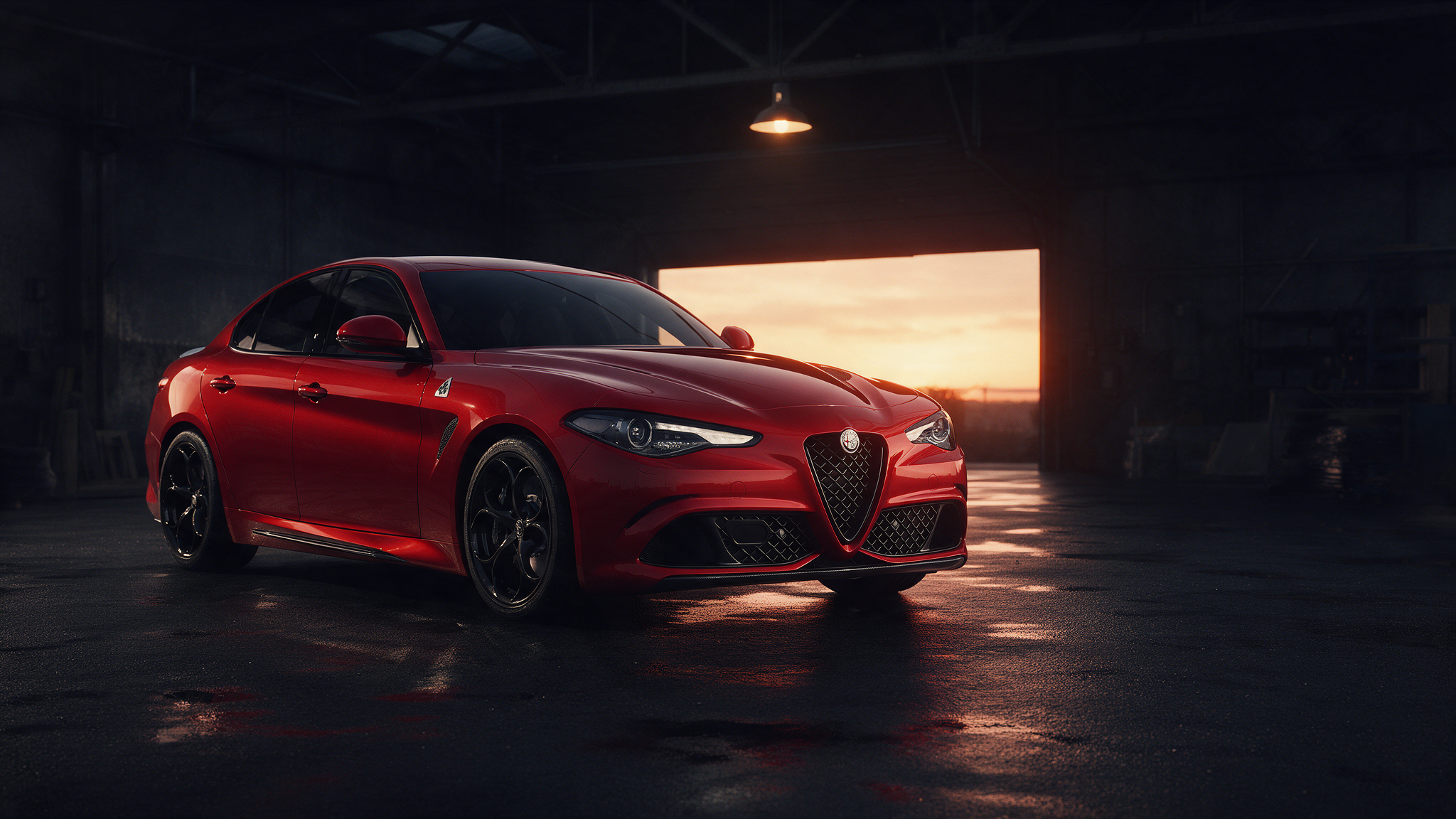 Alfa Romeo Giulia sedan in Alfa-rood in een donkere werkplaats