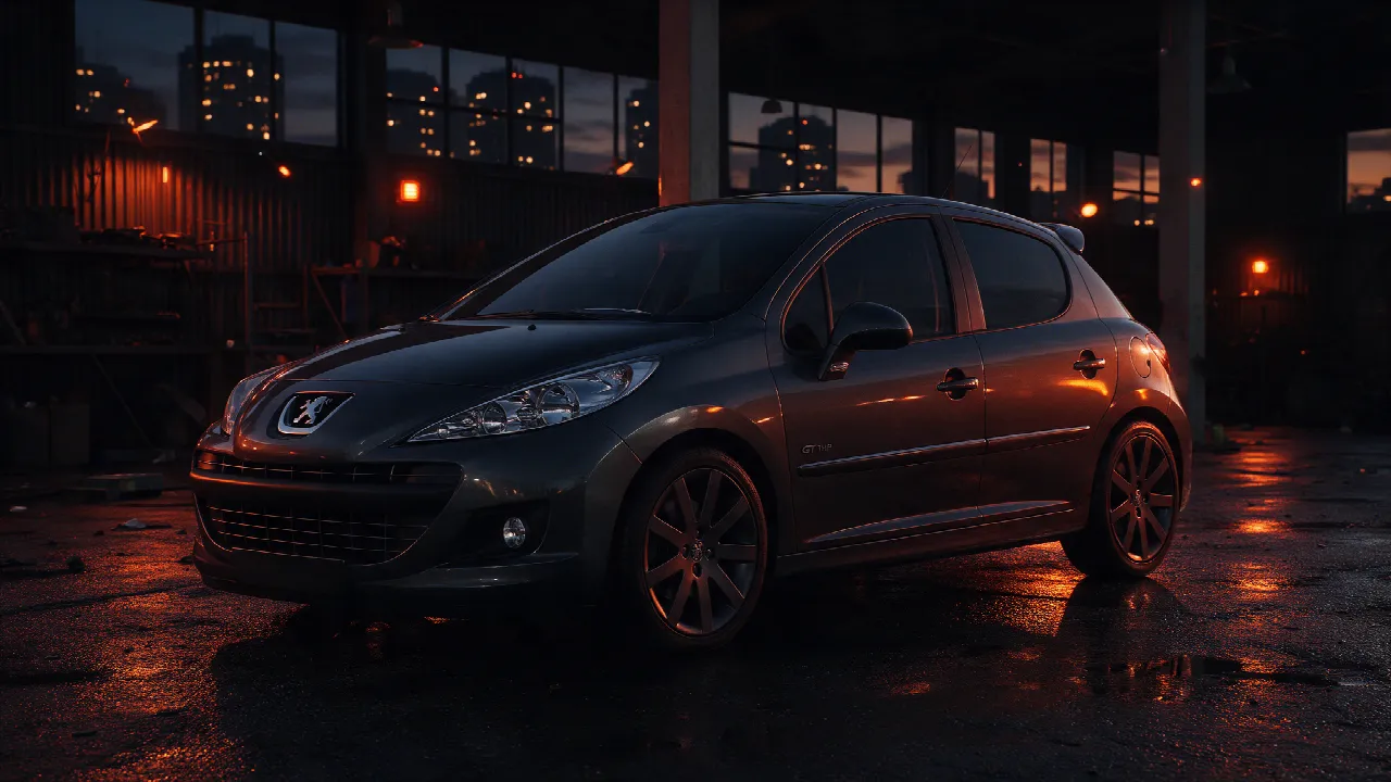 Peugeot 207 THP in een donkere werkplaats bij schemering