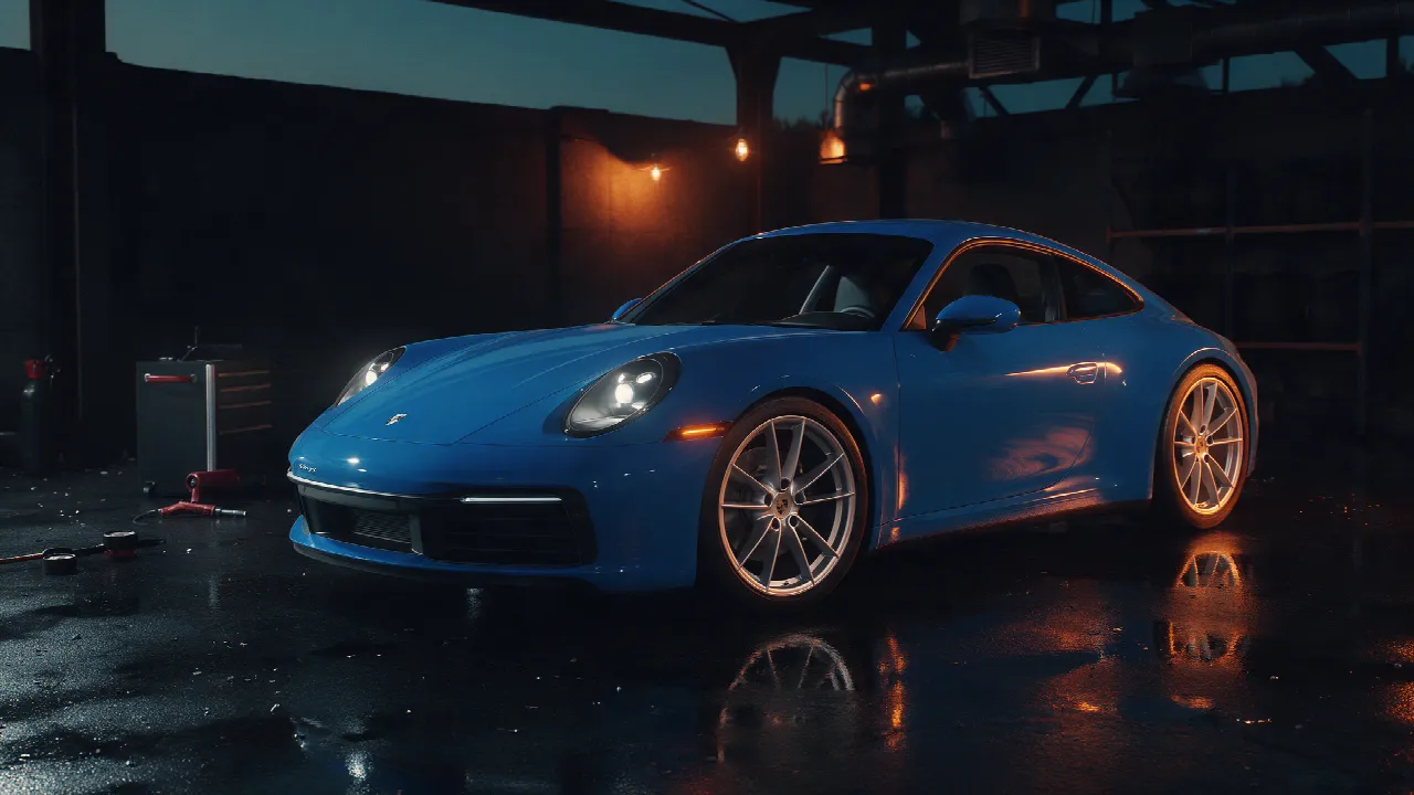 Porsche 911 Carrera S 992 in donkere werkplaats bij schemering