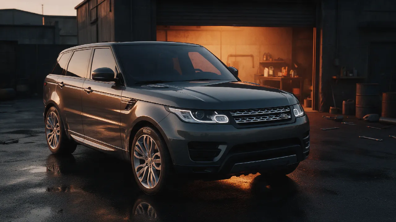Range Rover Sport in donkere werkplaats bij schemering