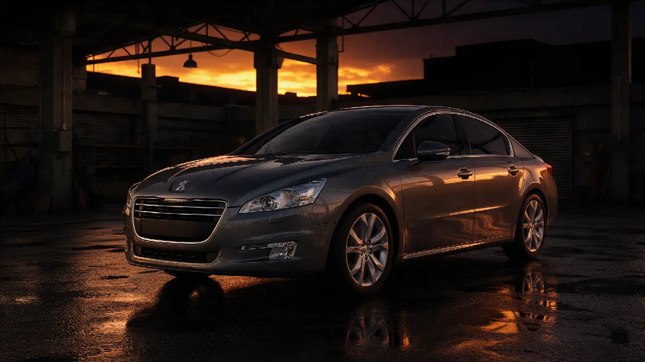 Peugeot 508 in donkere werkplaats bij schemering