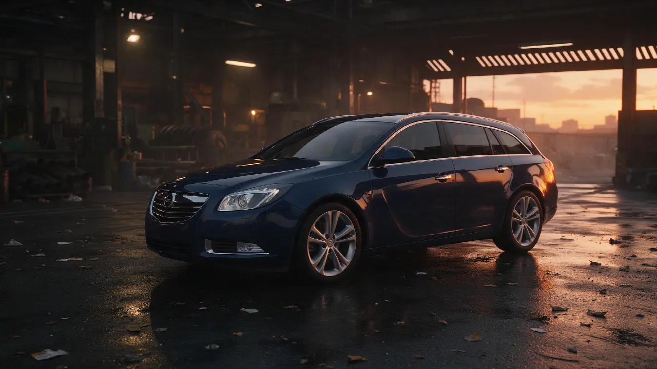 Opel Insignia in donkere werkplaats bij schemering